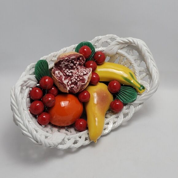 Capodimonte Ceramic Woven Basket Fruit Bowl Centerpiece Hand Painted Italy - Picture 10 of 15